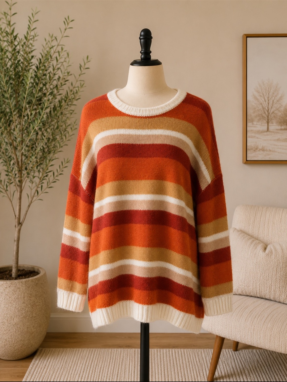 Striped Crewneck Sweater in Orange & Cream
